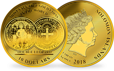 La monnaie 1/100 d'once or pur «Double Léopard Angleterre 1344», grand diamètre: 45 mm !